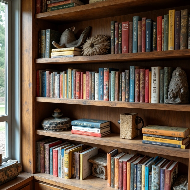 Estante com cores vibrantes e texturas variadas, criando um display eclético.