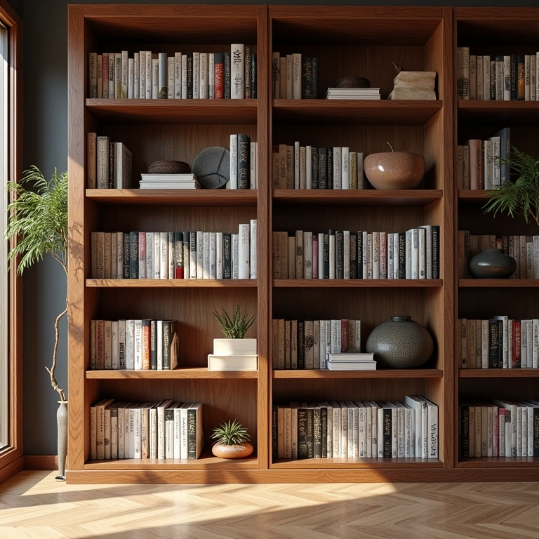 Estante com espaços negativos para criar equilíbrio visual e destacar objetos decorativos.