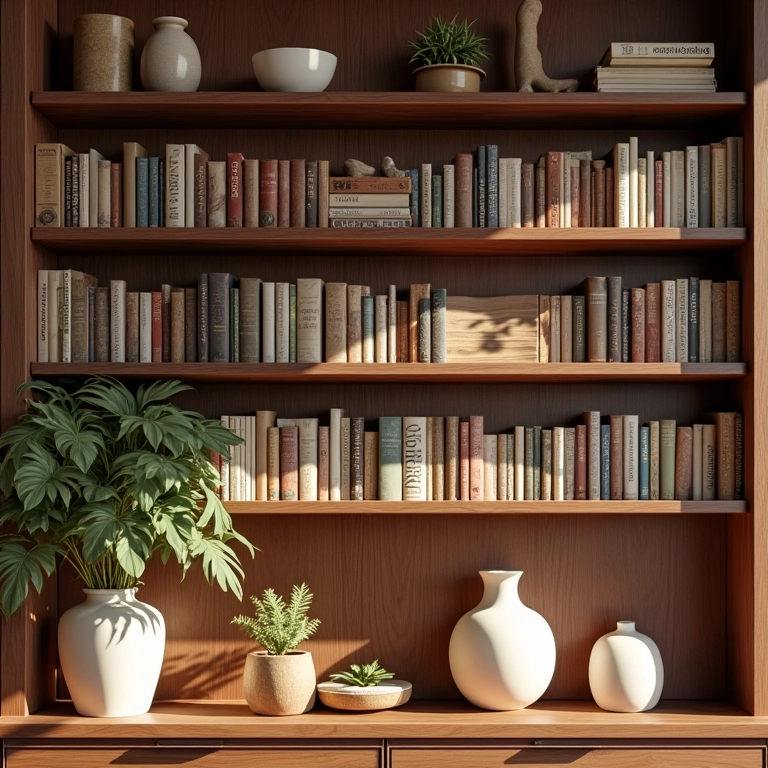 Estante com livros e objetos decorativos, como vasos, esculturas e plantas.