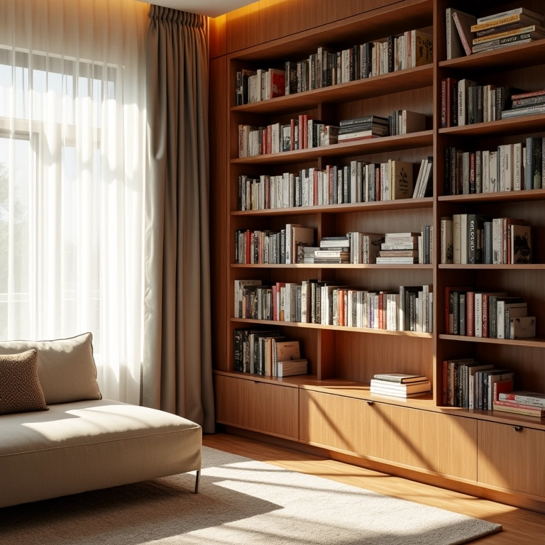 Estante com livros organizados por tamanho, criando harmonia visual.