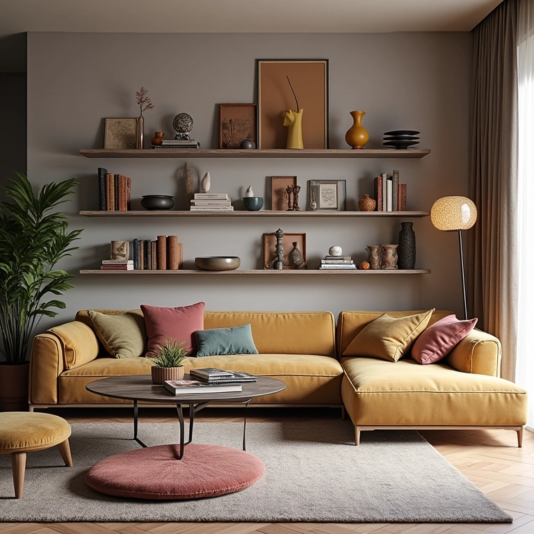 Estante com nichos assimétricos em sala de estar moderna.