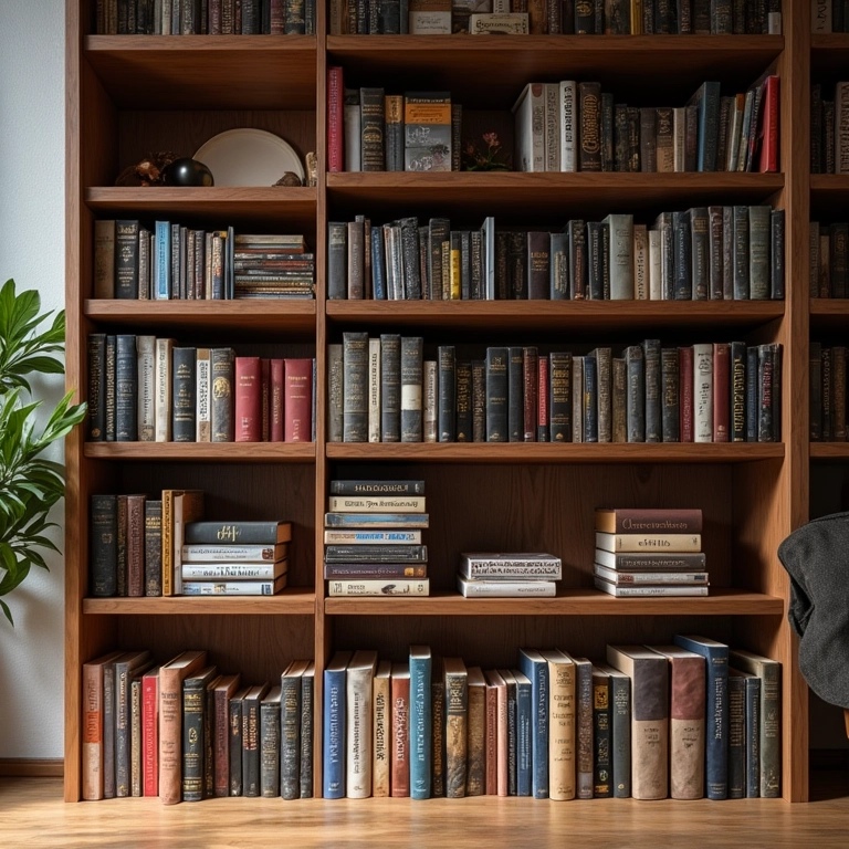 Estante com objetos de diferentes alturas para criar interesse visual.