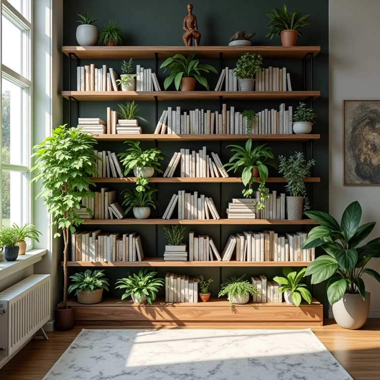 Estante com plantas integradas em sala de estar iluminada.
