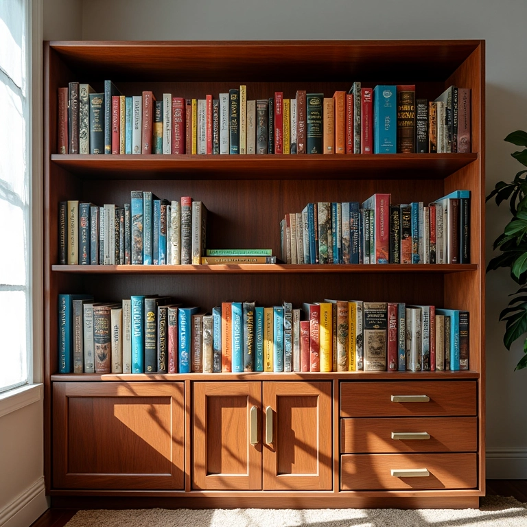 Estante criativa e personalizada com livros e objetos decorativos.