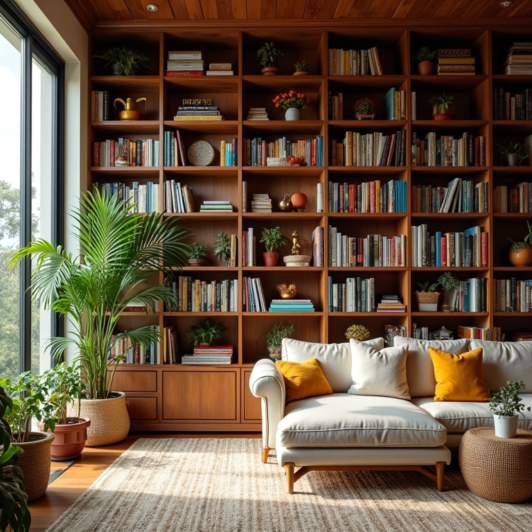 Estante de livros bem organizada em sala de estar aconchegante com decoração vibrante estilo Farm Rio.