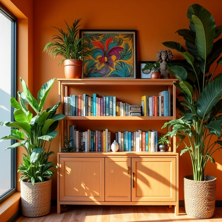Estante de livros organizada e decorada com charme em sala de estar iluminada.