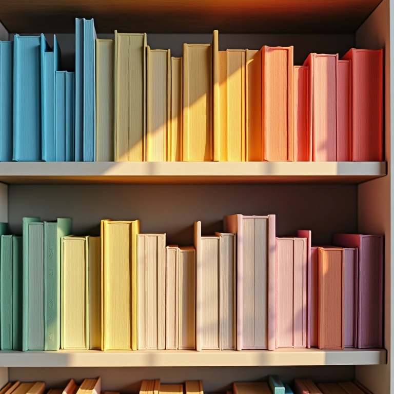 Estante de livros organizada por cores, criando um efeito visual atraente.
