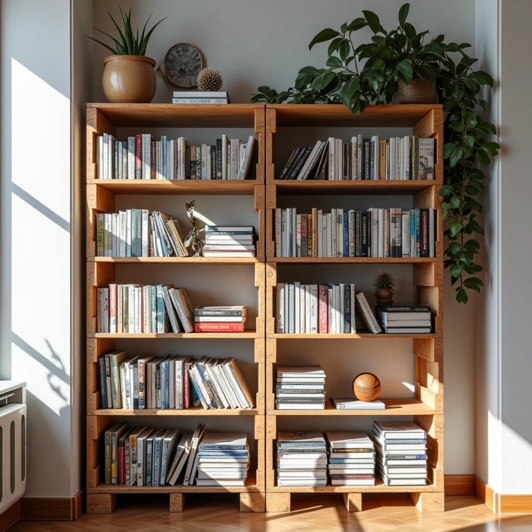 Estante de pallet com livros e objetos em apartamento brasileiro.