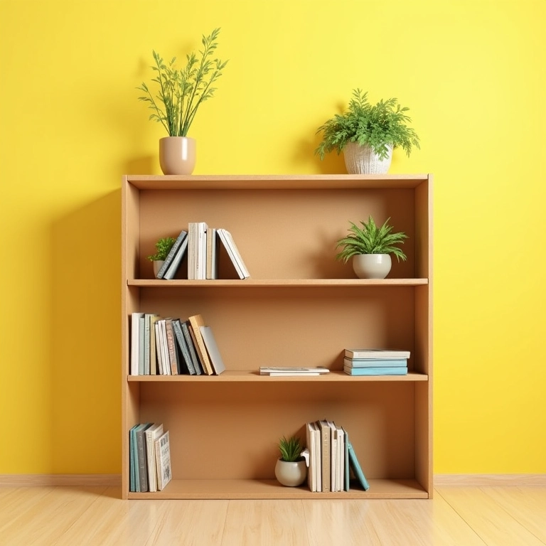 Estante de papelão com livros e plantas, combinando economia e estilo.