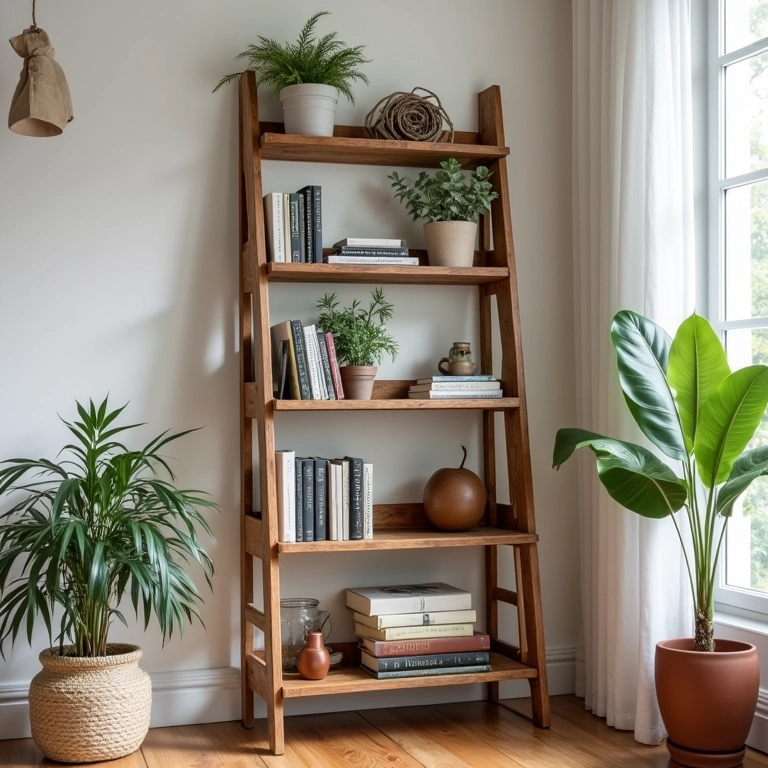 Estante escada rústica em sala de estar aconchegante.