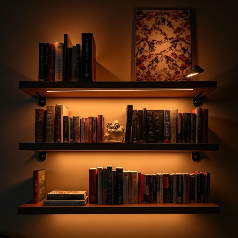 Estante iluminada, destacando livros e objetos decorativos.