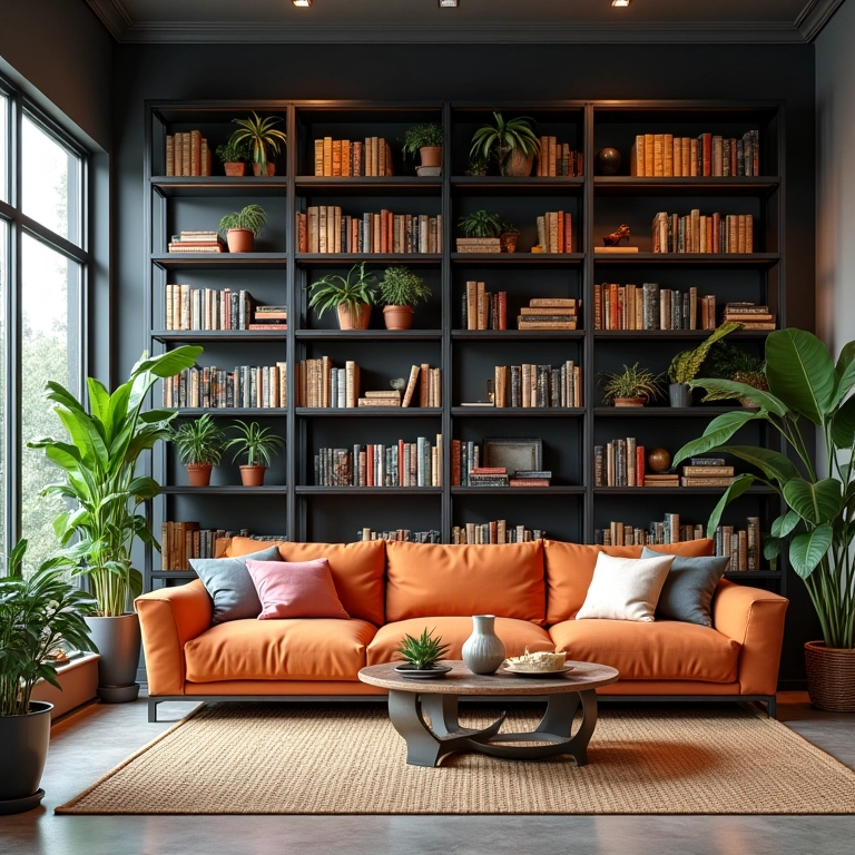 Estante industrial moderna em sala de estar com decoração brasileira.