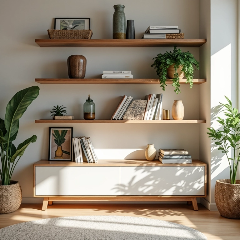 Estante moderna e organizada em sala de estar iluminada com decoração brasileira.