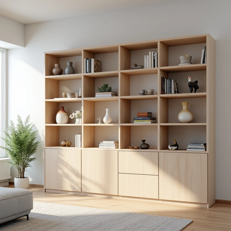 Estante modular de madeira clara em apartamento moderno.