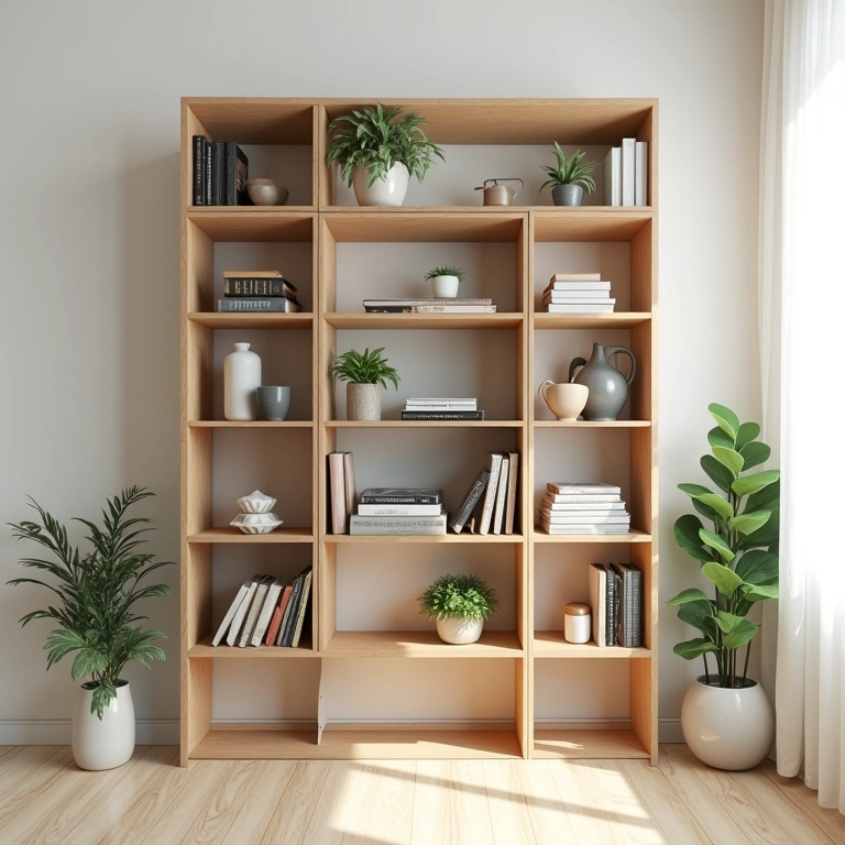 Estante modular de papelão com livros, plantas e decoração.