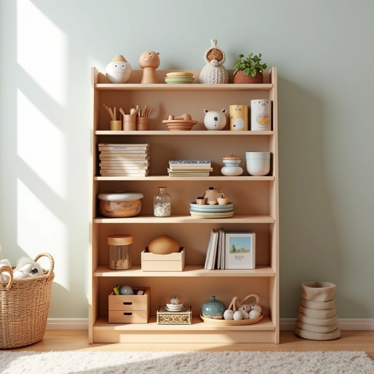 Estante Montessori com objetos ao alcance da criança, incentivando a autonomia.