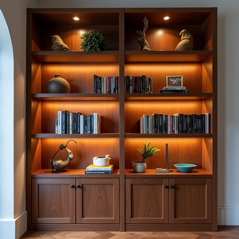 Estante renovada com iluminação embutida destacando objetos decorativos.