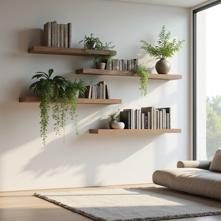 Estantes suspensas em sala de estar elegante com iluminação natural.