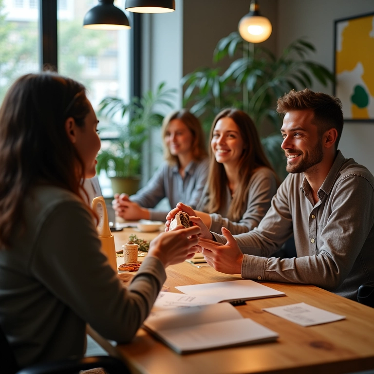 Estatísticos brasileiros trocando presentes artesanais em escritório vibrante.