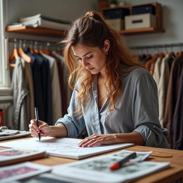 Estilista de moda desenhando em estúdio, destacando o surgimento de marcas nacionais.