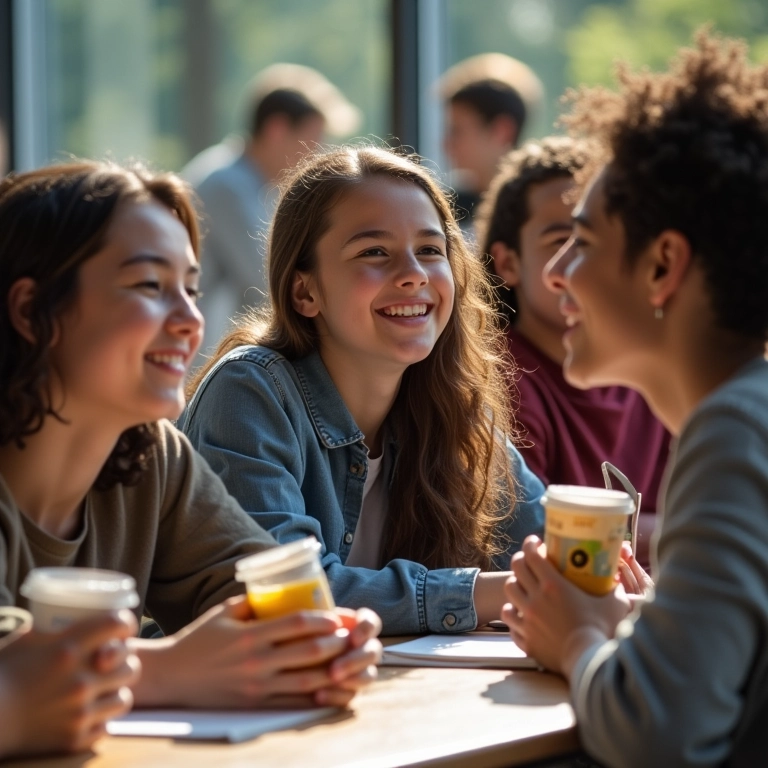 Estudantes celebrando sessão de estudo bem-sucedida com lanches e risadas.