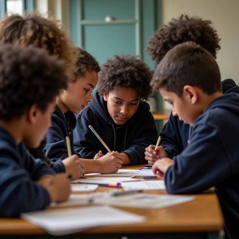 Estudantes colaborando em projeto, cada um com tarefa específica.