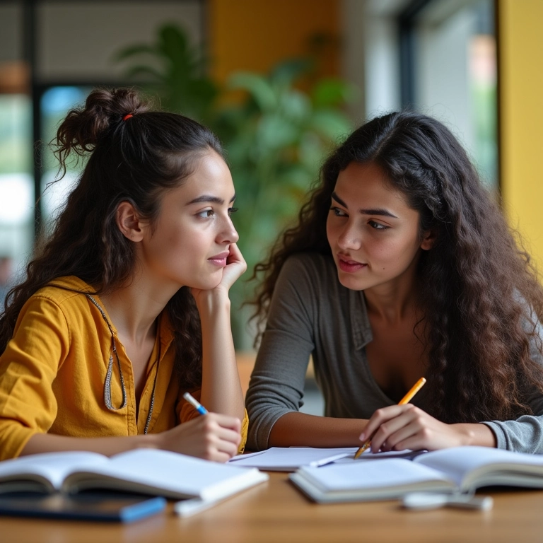 Estudantes definindo objetivos de estudo em espaço de coworking colorido.
