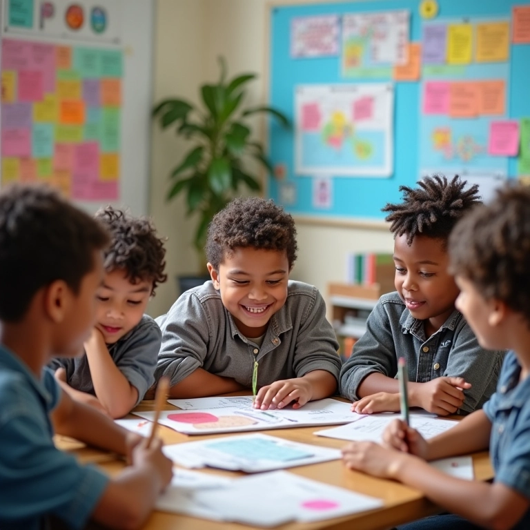 Estudantes diversos usando flashcards, mapas mentais e discussões em grupo.