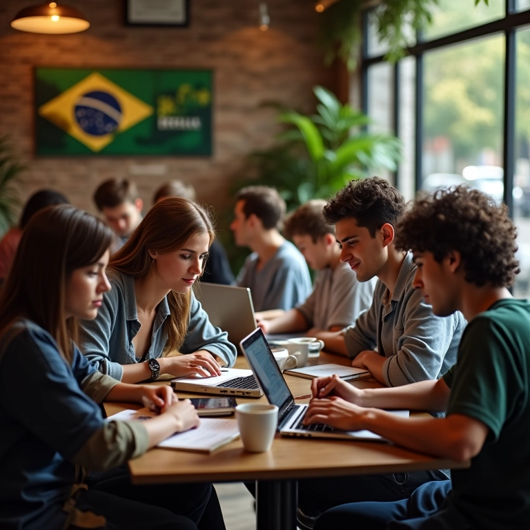 Estudantes estudando em café aconchegante com decoração brasileira.