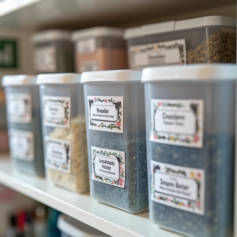 Etiquetas e identificação em potes e caixas organizadas em um ateliê de artesanato.