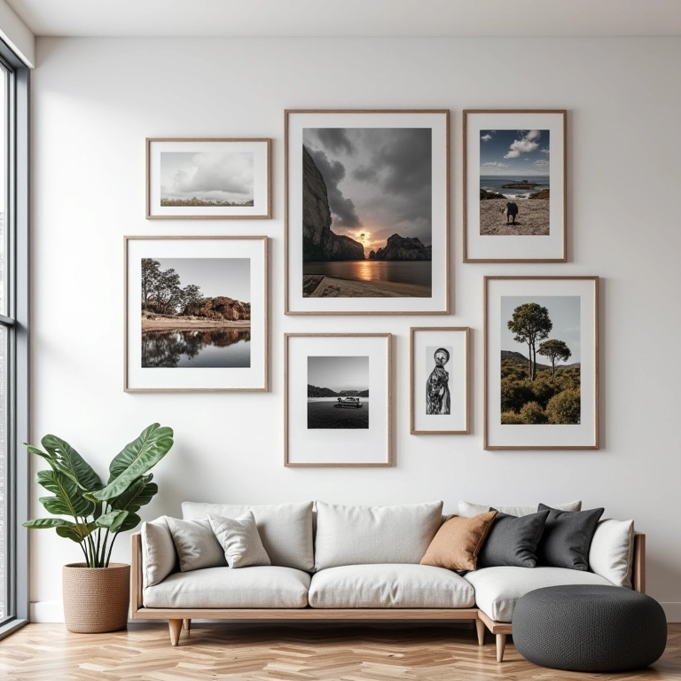 Exibição de arte na parede com tamanhos e formatos variados de quadros.