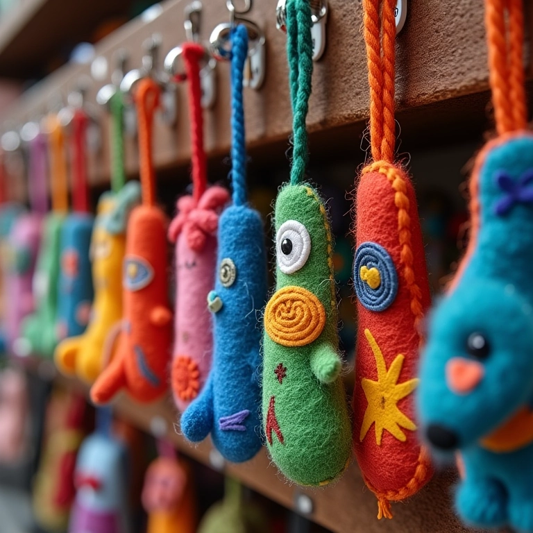Exposição de chaveiros de feltro para venda em mercado de artesanato brasileiro.