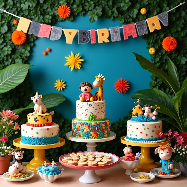 Exposição de temas criativos para festa infantil: selva, super-heróis, princesa, espaço.