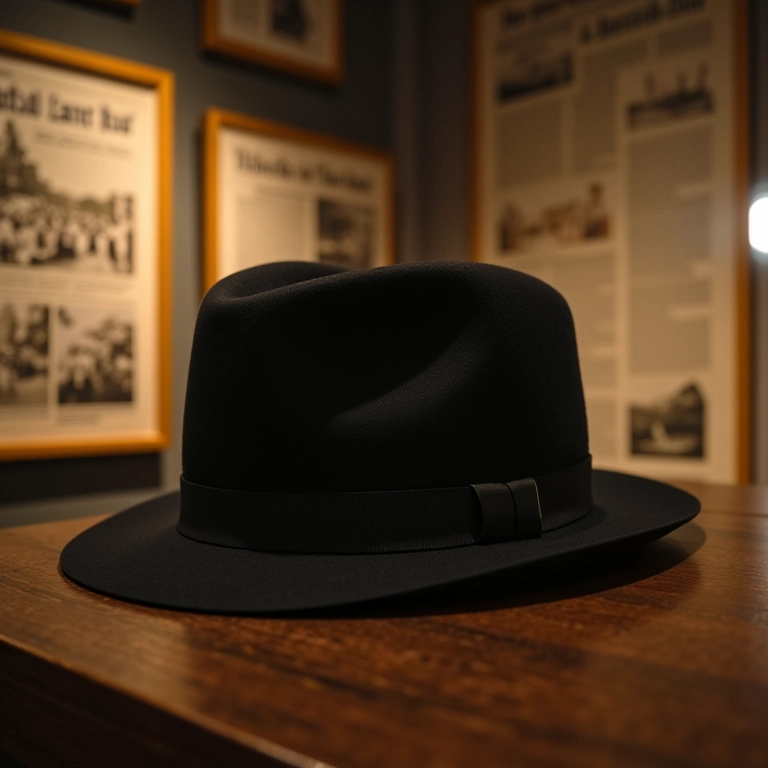 Exposição sobre a história do chapéu trilby com fotos antigas.