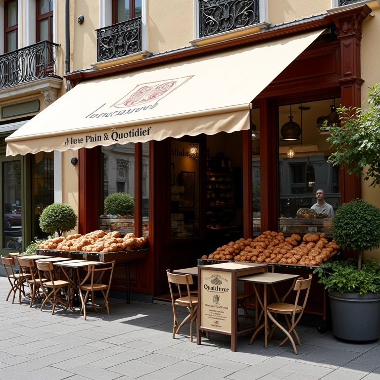 Exterior da Le Pain Quotidien com mesas ao ar livre.