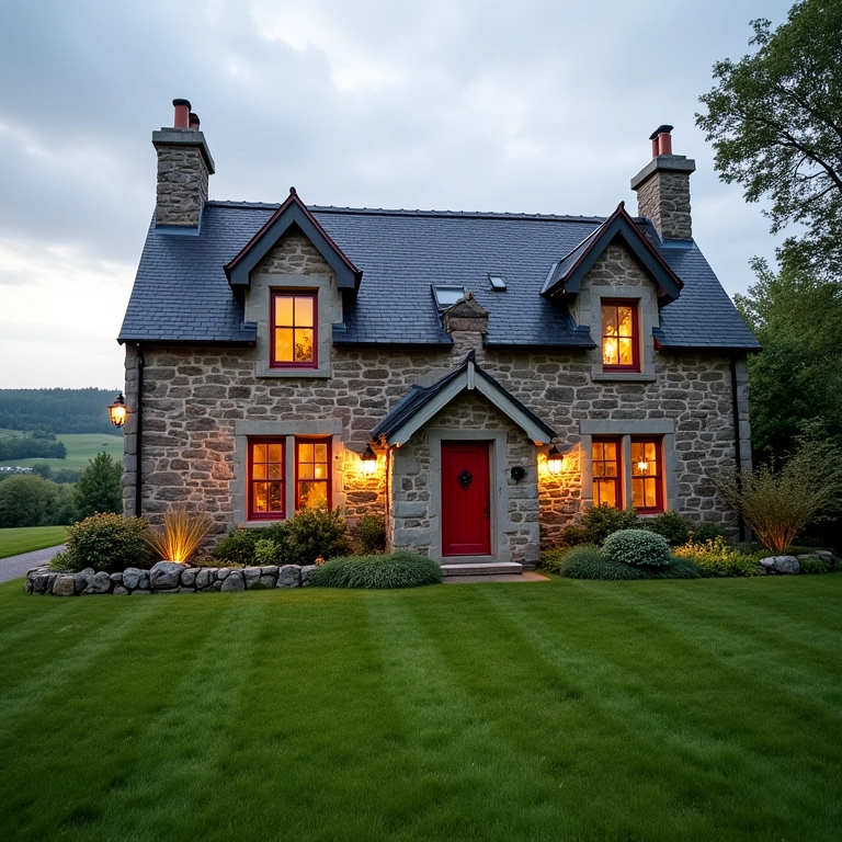 Exterior de um charmoso chalé irlandês para alugar no Airbnb, paredes de pedra e janelas aconchegantes.