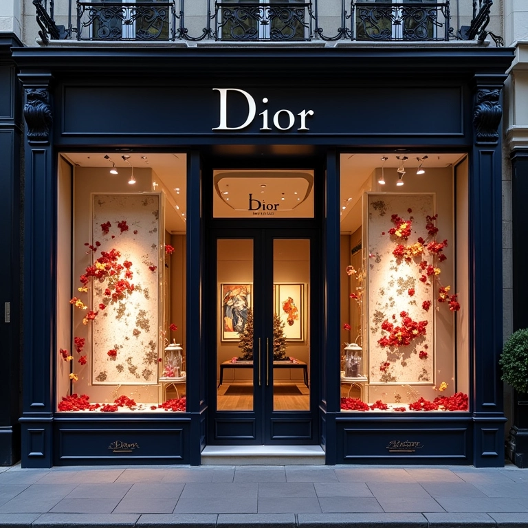 Fachada da boutique Dior na Avenue Montaigne, Paris, exibindo vitrines vibrantes.