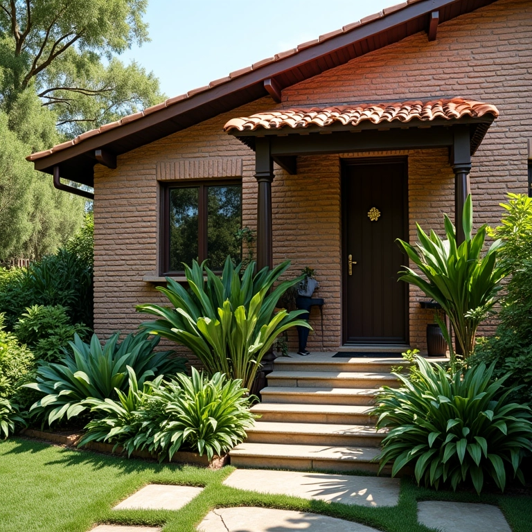 Fachada de casa com tijolinho aparente e paisagismo brasileiro exuberante.