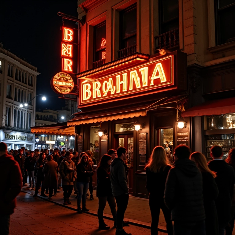 Fachada iluminada do Bar Brahma à noite, em São Paulo.