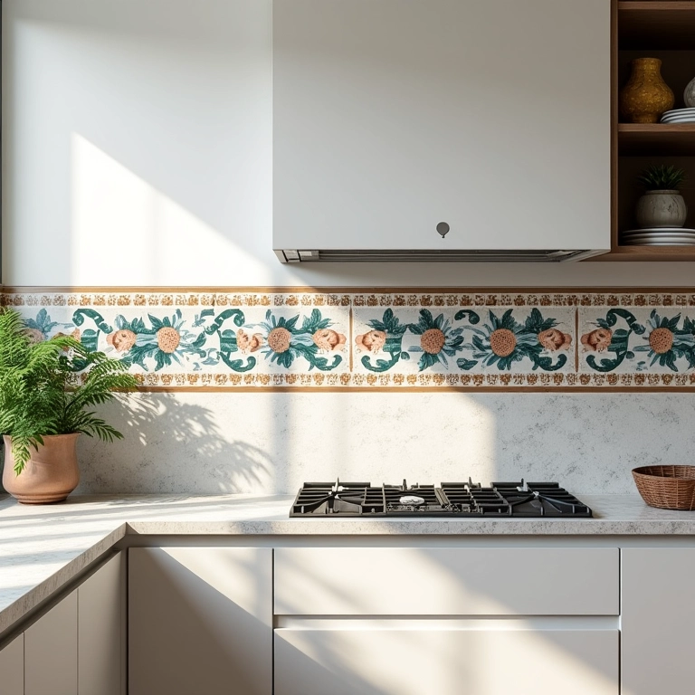 Faixa decorativa de azulejos na parede da cozinha.