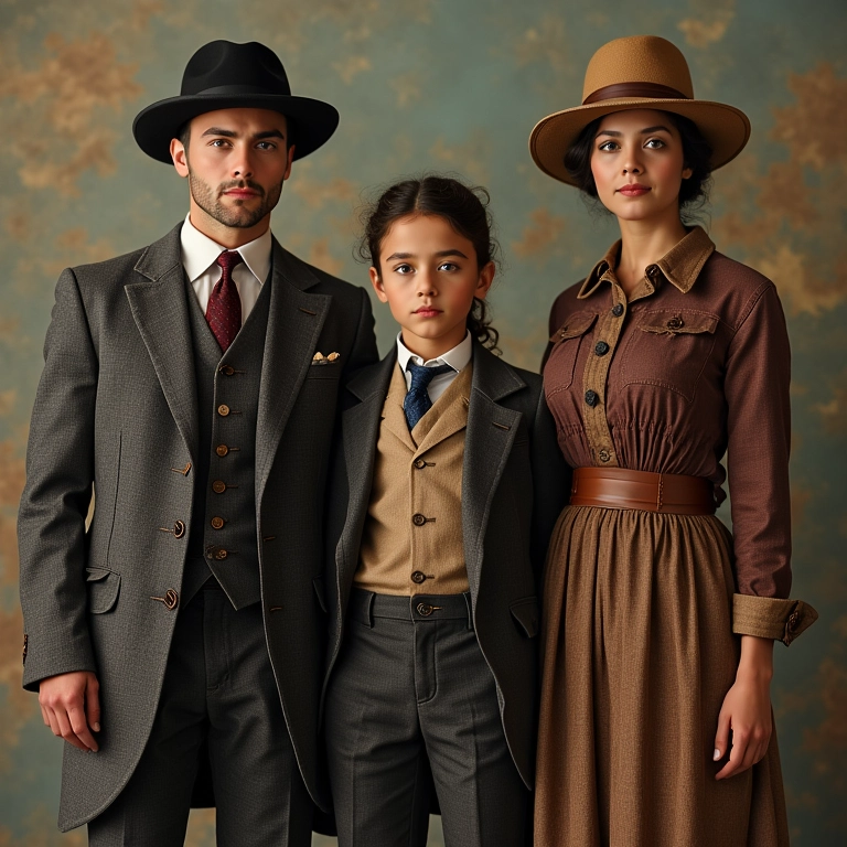 Família brasileira chegando no início do século XX, exibindo moda influenciada pela Europa.