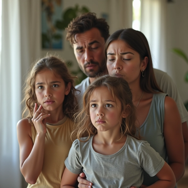 Família confusa e ansiosa em casa recém-reformada, representando mudanças familiares.