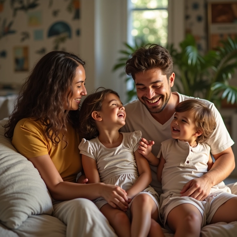 Família de Leão rindo junta em uma casa brasileira harmoniosa.