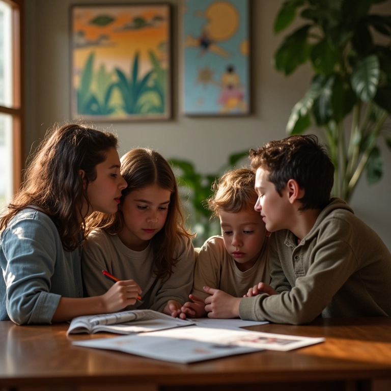 Família discutindo sobre finanças em volta da mesa em uma casa com decoração brasileira.