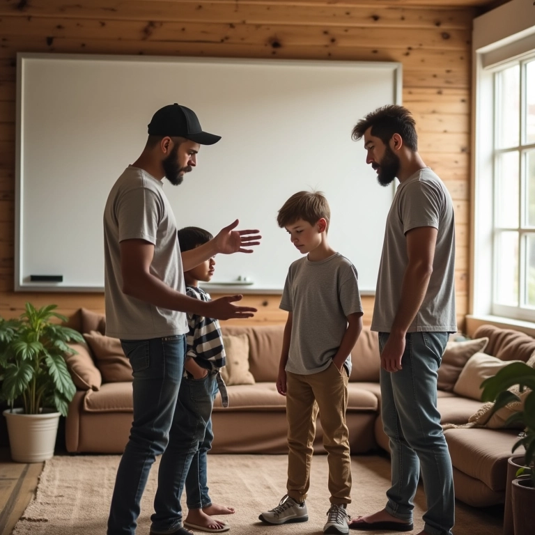 Família diversa definindo prioridades em sala de estar aconchegante.