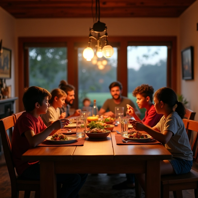 Família jantando sem distrações tecnológicas.