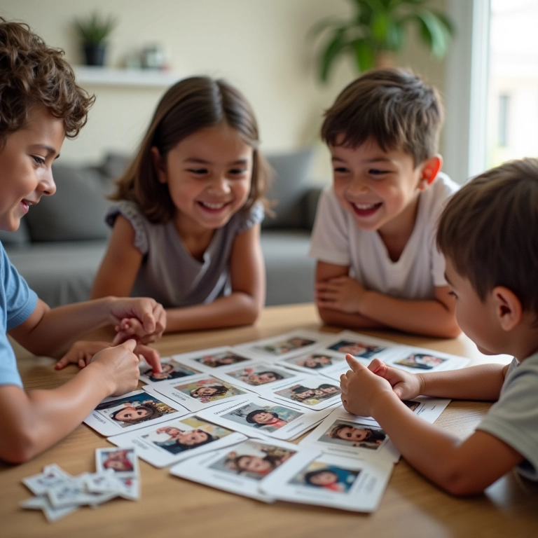 Família jogando jogo da memória personalizado com fotos.