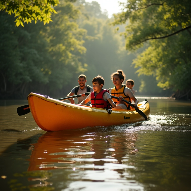 Família remando em caiaque no Rio Formoso, Bonito MS, cercada pela natureza exuberante.