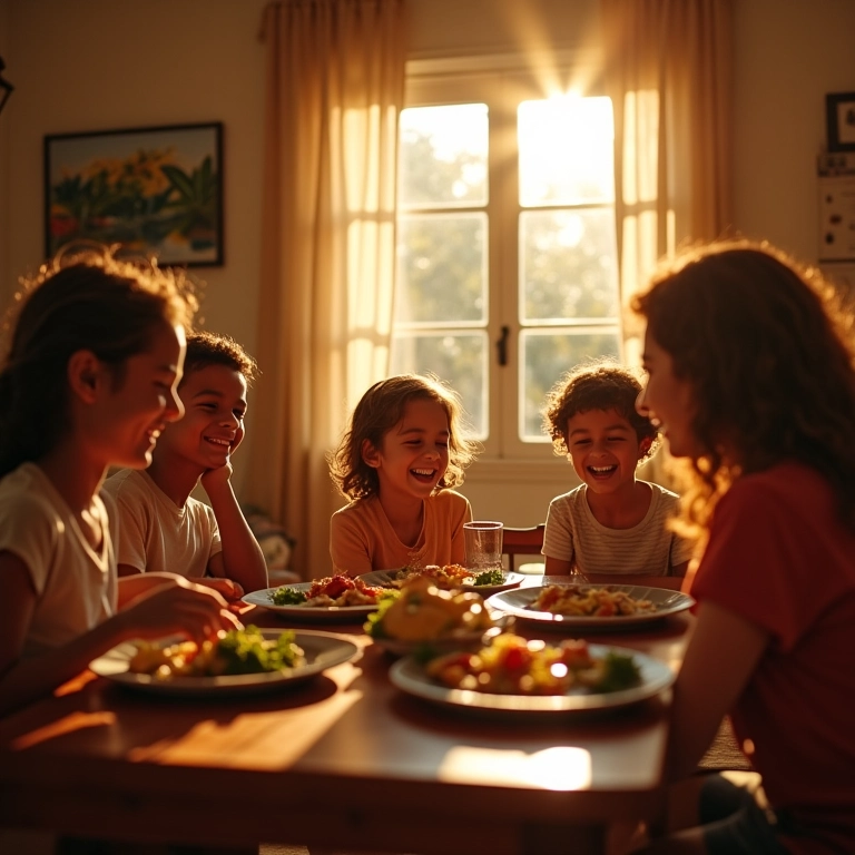 Família reunida à mesa, representando a importância da família para o signo de Câncer.