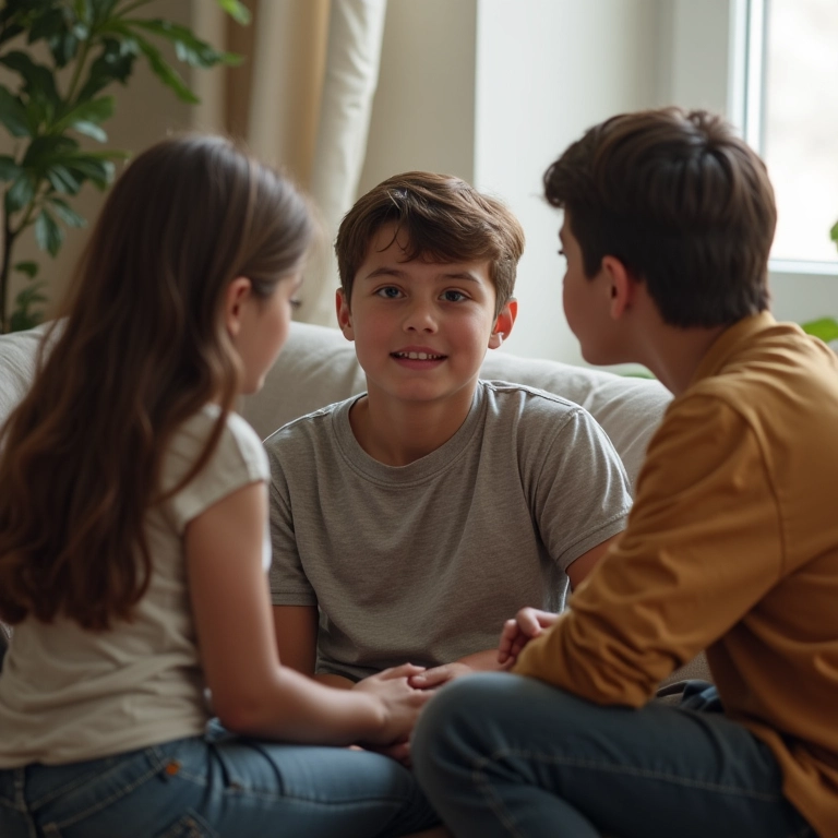 Família reunida conversando sobre medos e preocupações, fortalecendo o vínculo e a comunicação.